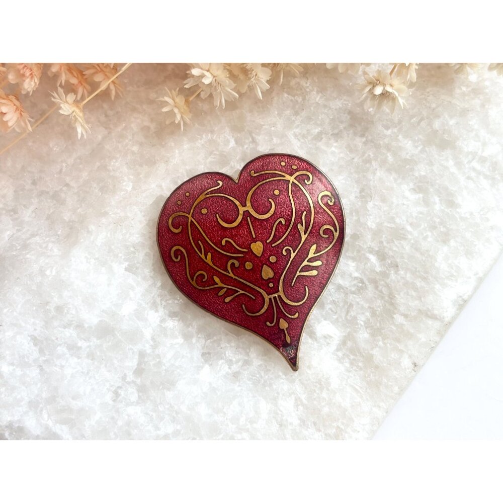 MMA (Modern Museum of Art) Cloissone 1985 Gold T Heart Vintage Brooch Pendant - Picture 2 of 10